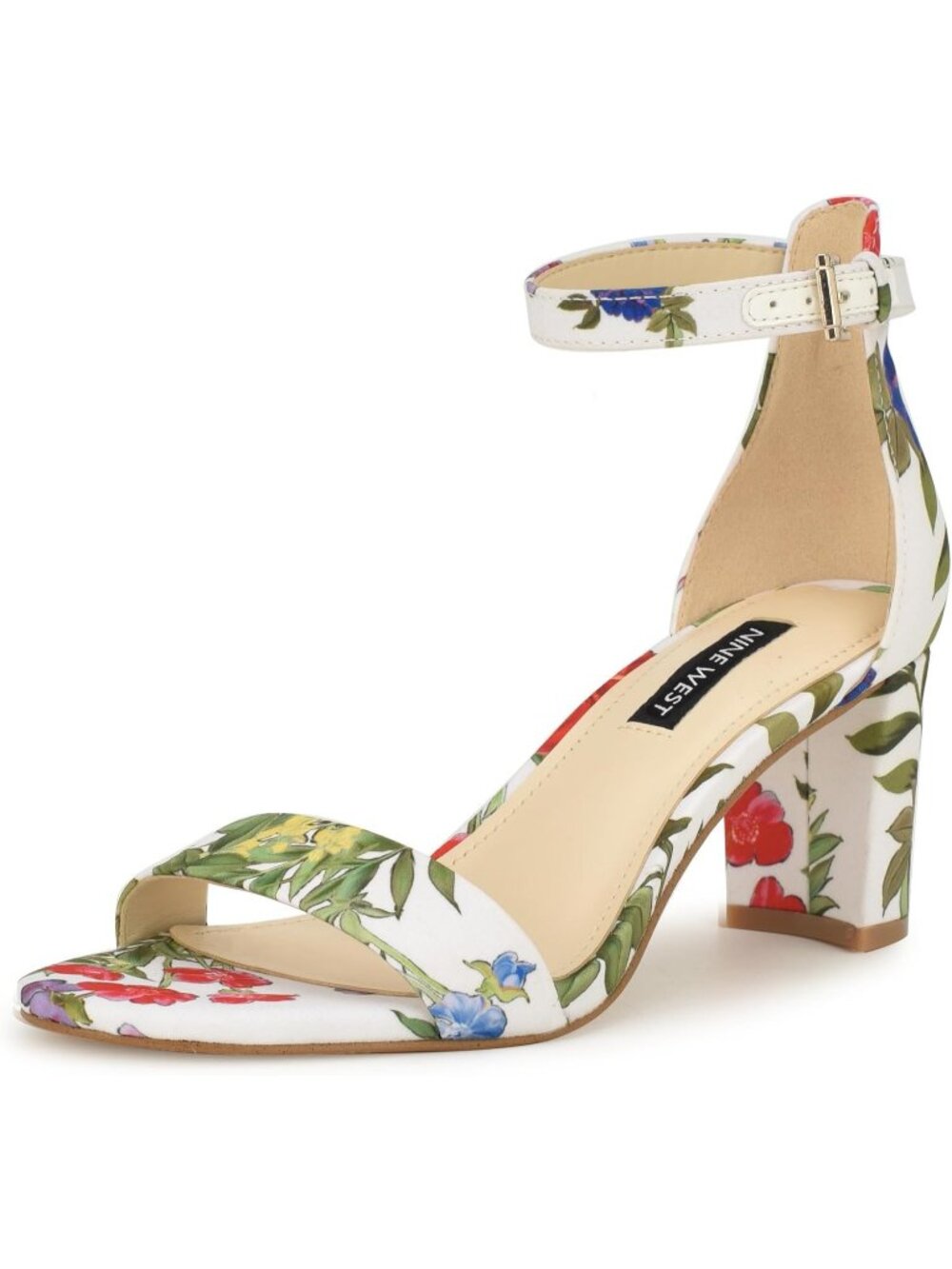 Women's White Floral Platform Round Toe Ankle Strap Wnpruce Heeled Sandal Shoes
